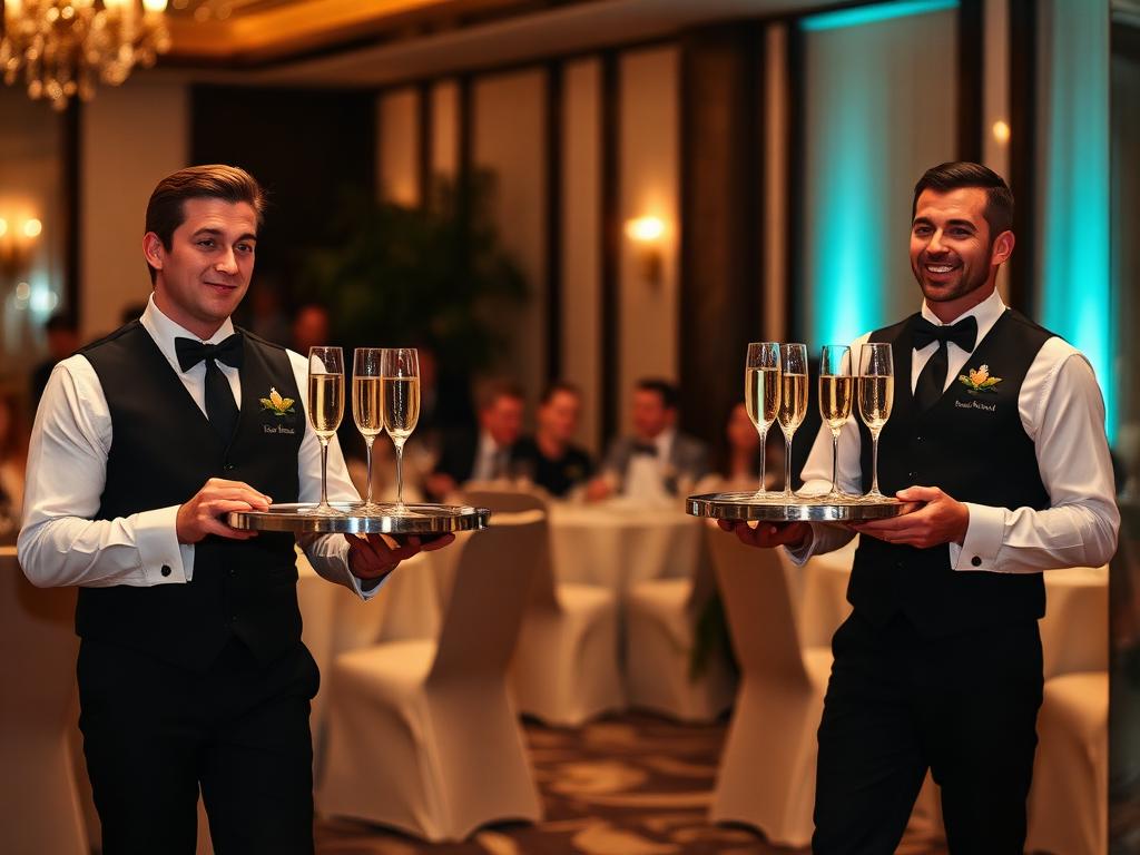 Uniformed servers carrying champagne trays