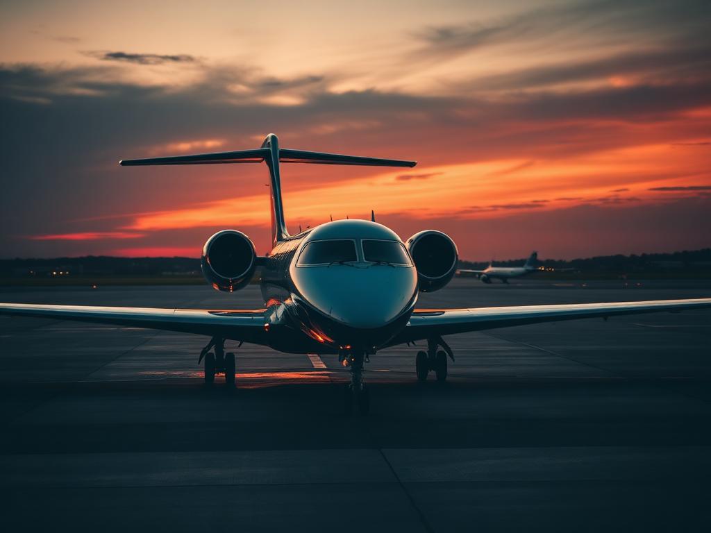 Private jet on the tarmac at dusk