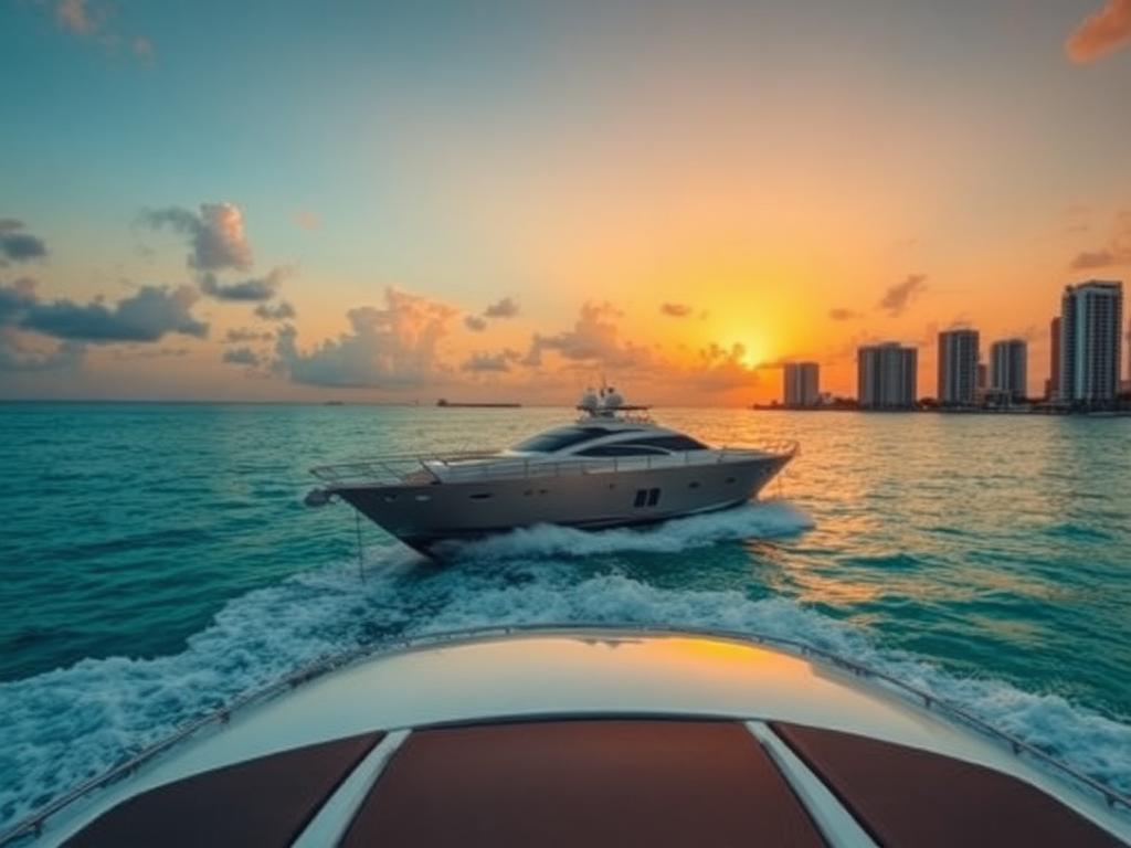 Motor yacht cruising off Miami at sunset